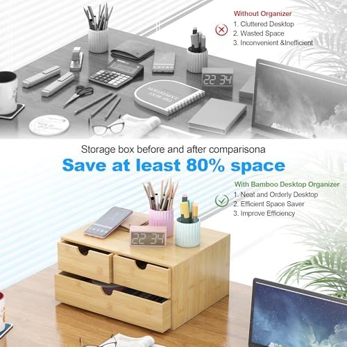 Bamboo Desk Drawer Organizer, Large Desktop Organizer with Drawers Tabletop Storage Organization Box for Office Home Toiletries Supplies Vanity, No Assembly Required (L-3 Drawers) - Image 5