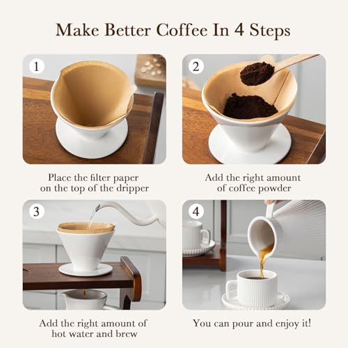 Pour Over Coffee Maker Set, 22OZ Ceramic Pour Over Coffee Dripper with Acacia Wood Stand and 5OZ Cups and Saucers Set of 2, Size 02 - Image 4