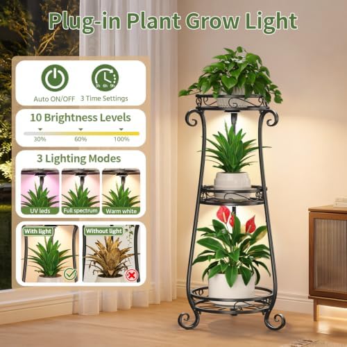 LASZOLA 3 Tiers Metal Corner Plant Stand Tall with Light for Indoor Outdoor - Image 4