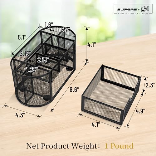 Mesh Desk Organizer with Drawer, 9-Compartment Pen Holder for Desk, Black - Image 3