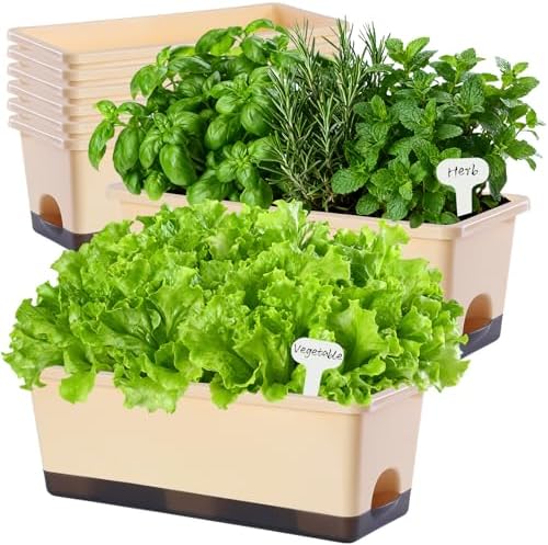 Oliz Window Box Planter 8 Pcs, 17 Inches Rectangle Flower Pots with Drainage Holes & Trays, Vegetable Planters for Windowsill Patio Garden Balcony Home Indoor Outdoor (Barley Yellow, 16 * 7 * 6 inch) - Image 3