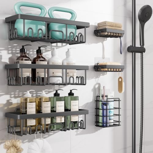 Veken Rustproof & Waterproof Shower Caddy 6-Pack, No Drilling Adhesive Shelves Rack with Soap Holder, Large Capacity Bathroom Organizers and Storage, Wall-Mounted Kitchen & Home Decor, Dark Grey by Veken