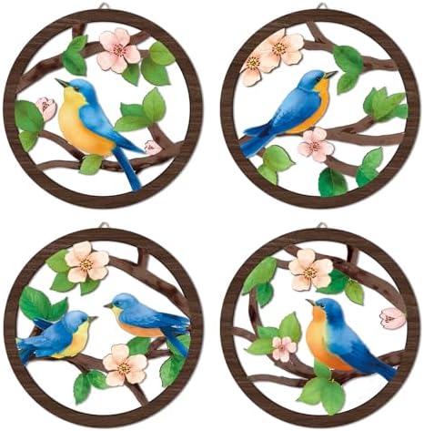 HPNIUB Bird on Birch Tree Branch Wall Decor, Modern Green Leaves Little Birds Laser Cut Artwork, 4 Pieces 10''x10'' Rustic Farmhouse Nature Animals Wall Hanging Plaque for Living Room Bedroom by HPNIUB