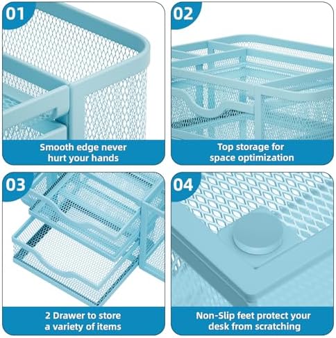 Marbrasse Mesh Desk Organizer, Pen Organizer with 2 Drawer, Multi-Functional Pencil Holder, Desk Organizers and Accessories with 5 Compartments + Drawer for Office Art Supplies (Blue) - Image 6