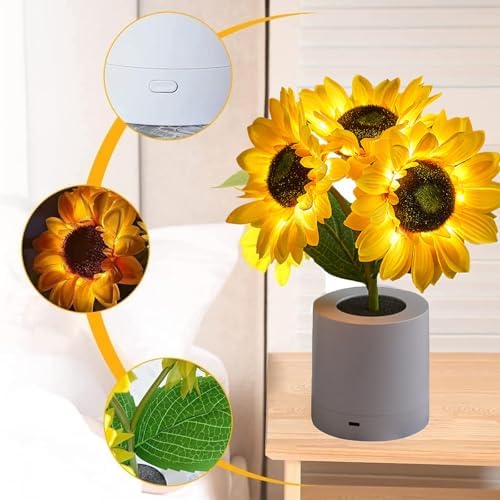 Sunflower Lamp, LED Artificial Sunflower Table Lamp with Warm White Light, Decorative Flower Night Light for Bedroom, Living Room, Office Desk, Home Decoration Gift for Women, Three Flowers (1) - Image 3