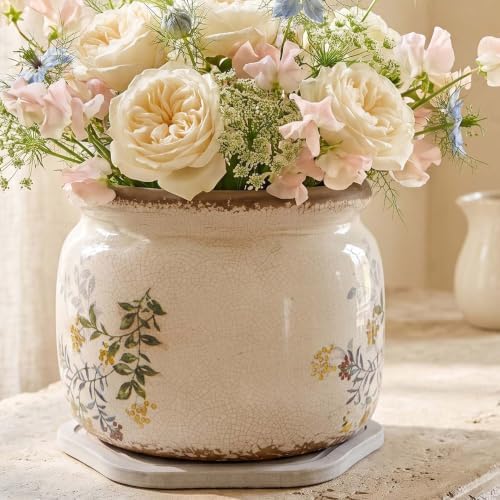 Rustic Cottage Ceramic Plant Pot with Decorative Saucer, Plant Lover Gifts - Image 2