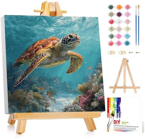Framed Paint by Numbers Kit for Adults Beginner & Kids Ages 8-12 Sea Turtle Adult Paint by Number Kits on Canvas with Easel Animal Painting by Numbers for Adults with Frame DIY Painting Kits 8x8 Inch by Unknown