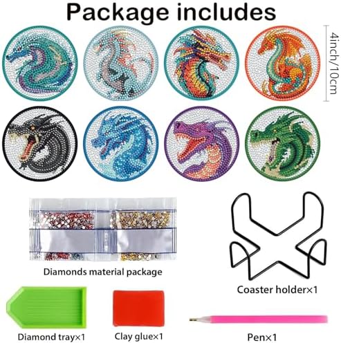 Demonwer 8 Pieces Dragon Diamond Coasters Kits with Holder DIY 3D Dragon Diamond Art Coaster Non Slip Coaster for Adults Diamond Kits Supplies for Christmas Gift - Image 2