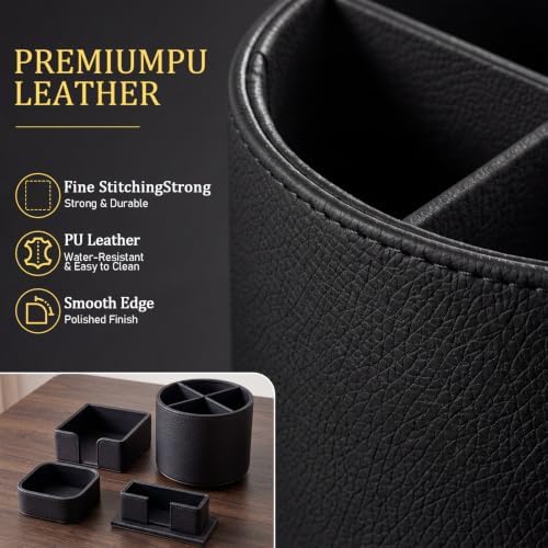 4 Pcs Aesthetic PU Leather Desk Organnizer Set, Black - Image 5