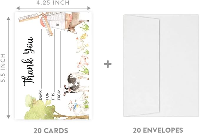 Andaz Press Kids Fill in the Blank Thank You Cards - 20 Cards Including Envelopes Farm Animals Gender Neutral Note Cards For Boys Girls Birthday Thank You Notes for Friends, Family Party Guests