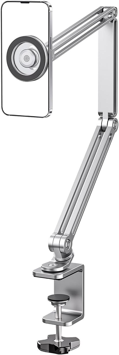 Magnetic Gooseneck Phone Holder for Bed & Desk, Adjustable Arm with Strong Suction Base, Compatible with iPhone 12-15/Magsafe & Android (Includes Metal Ring)