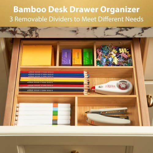 Umilife Bamboo Desk Drawer Organizer, Wood Office Junk Tray, 12"x12" - Image 3