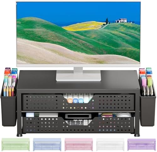 OPNICE Desk Organizer and Accessories, 2-Tier Computer Monitor Stand Riser with Drawer and 2 Pen Holders, Laptop Stand, Office Desk Accessories for Office Supplies, Matte Black by OPNICE