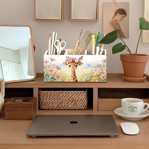 Giraffe Pen Pencil Holder for Desk Accessories, Giraffe Gifts for Women & Kids, Rustic Butterfly Flower Wild Animal Wooden Box Sign Decorations for Kids Room Home Office Desk Tabletop - Image 3