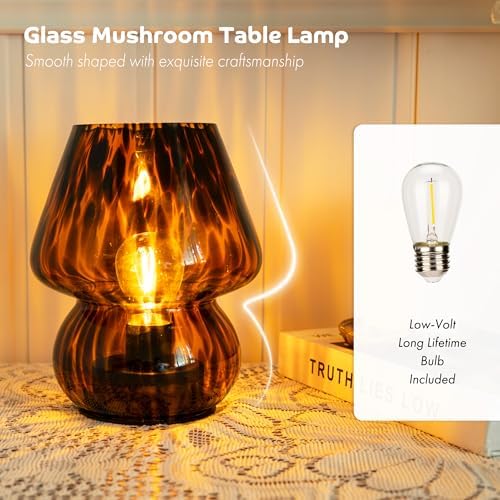 ULAROOM Battery Operated Mushroom Lamp - Vintage Small Table Lamp with Timer, Cordless Bedside Nightstand Lamp, Glass Battery Powered Lamp for Bedroom Kitchen Living Room Shelf Decor Aesthetic Amber - Image 5