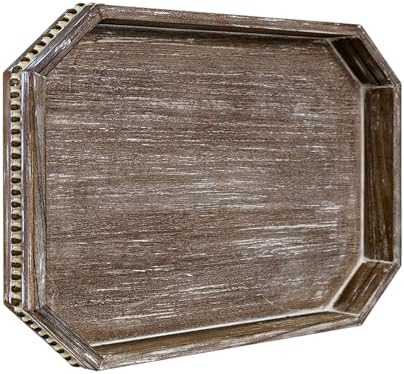 Wooden Decorative Tray, Rustic Serving Tray with Wood Bead, Farmhouse Big Tray for Ottoman, Countertop, Coffee Tabl, 16.5" x 13"x 1.6" (Retro Brown) by CEDARLUX