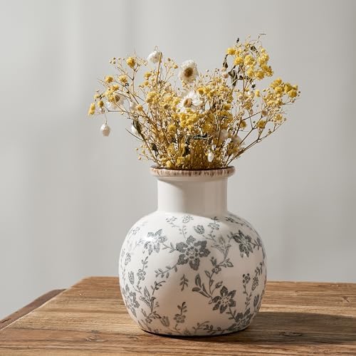 SIDUCAL Ceramic Vintage Vase, 5.91 Inch Retro Ice Cracked Chinoiserie Floral Vase, Rustic Farmhouse Vases for Home Decor, Bookshelf, Garden, Chinoiserie Decor, Tuscan Decor, Gray Floral Pattern - Image 4