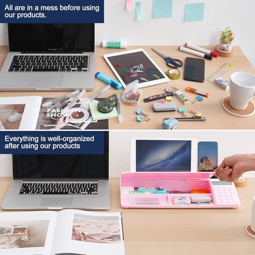 Small Glass Desktop Whiteboard Dry-Erase-Board - Computer Keyboard Stand with Calculator White Board Surface Pad with Drawer, Desk Organizers with Accessories for Office, Home, School Supplies - Pink - Image 2