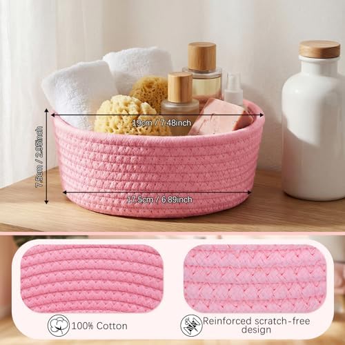 Yinkin 12 Pack Small Storage Basket Cute Natural Cotton Rope Woven Basket Tiny Boho Decorative Toy Storage Bin Gift Baskets for Home Organizing, Closet, Shelf, Nursery, Bathroom(Round,Pink) - Image 2