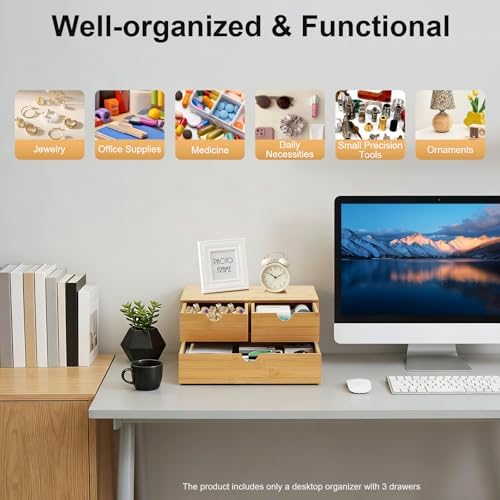 3 Drawers Bamboo Desk Organizer, Tabletop Storage Organization Multifunctional Desktop Organizer Office Wooden Drawer Mini Wood Desk Drawers Organizers for Home Office No Assembly Required - Image 4