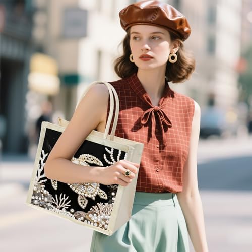 Xylzzuit DIY Pearl Painting Canvas Tote Bag Kit 11.42IN Diamond Art Handbag for Women Shopping Grocery Bag Dots Beads Art Craft Gift (Turtle) - Image 3
