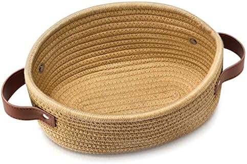 ABenkle Small Woven Basket, Mini Cotton Rope Tiny Oval Shelf Decorative Toy Dog Cat Toy Storage for Nursery, Easter，Empty Gift Baskets, 9.4" x 5.9" x 3.9" XS by ABenkle