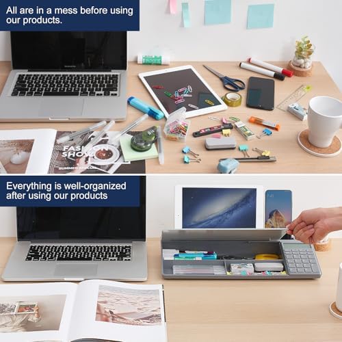 Small Glass Desktop Whiteboard Dry-Erase-Board - Computer Keyboard Stand with Calculator White Board Surface Pad with Drawer, Desk Organizers with Accessories for Office, Home, School Supplies - Grey - Image 3