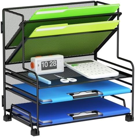MINDEPOT 4-Tier Paper Organizer + 3-Pocket File Holder, Desktop File Organizers Paper Tray for Office School Classroom Workspace Organization (Black Desk Organizer, No Drawer & No Pen Holder) by MINDEPOT
