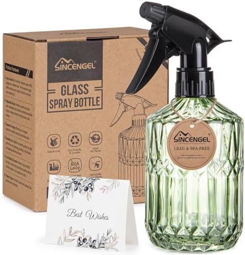 Glass Plant Mister Bottle - 13.5 oz Refillable Leak Proof Water Spray Bottle for Indoor Plants, Spring Gardening,Cleaning, Hair, Pets Care with Adjustable Mist Nozzle (Green) by Sincengel