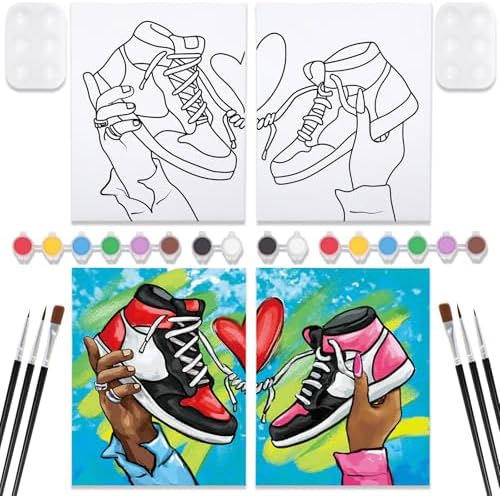 VOCHIC 2 Pack Couples Paint Party Kits Pre Drawn Canvas for Adults Paint and Sip Kit Date Night Games for Couples Painting Valentine's Day (8x10 Inches, Sneakers) by VOCHIC