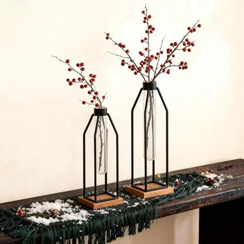 Houmury Test Tube Vase Set of 2, 11&12.5 Inch Flower Vases with Iron Stand & Wood Base, for Home Décor, Table Decor, Modern Farmhouse Decor, Hydroponic Plants - Image 2