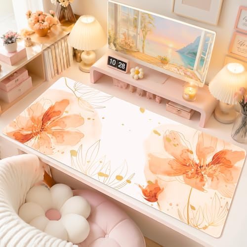 Desk Mat, Aesthetic Floral XXL Mouse Pad, 35.4 x 15.7 Inch, Orange - Image 2