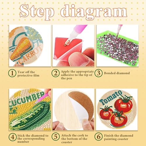 DOTSOPS 6 Pcs Vegetable Diamond Painting Coasters with Holder for Beginners - Image 3