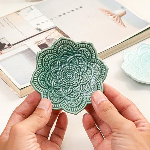 4" Datura Flower Ceramic Jewelry Dish, Ring Tray for Women(Green) - Image 7