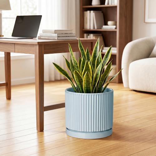10 Inch Plant Pot, Ceramic Pots for Plants with Tray, Light Blue - Image 3