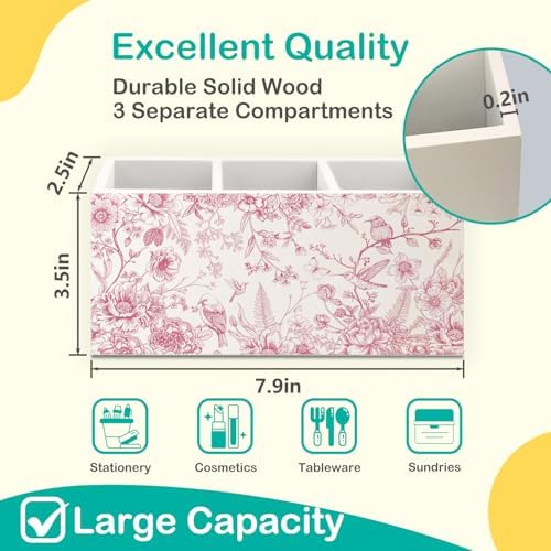 Chinoiserie Floarl Pen Holder for Home Office Desk, Vintage Home Decor, Chinoiserie Blue and White Floral Birds Makeup Brush Toothbrush Holder Organizer for Bathroom Desk Accessories(Pink) - Image 2