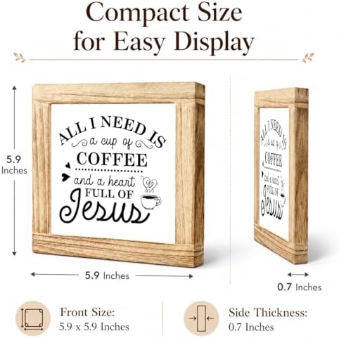 Christian Coffee Wood Sign, Cup Of Coffee And Heart Full Of Jesus Plaque, Faith Kitchen Counter Decor, Rustic Farmhouse Shelf Accent For Coffees Bar Prayer Room Gift, 5.9 x 5.9 in - Image 2