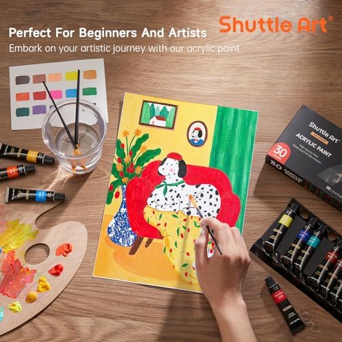 Shuttle Art Acrylic Paint Set, 30 x12ml Tubes Artist Quality Non Toxic Rich Pigments Colors Great for Kids Adults Professional Painting on Rocks Canvas Wood Clay Fabric Ceramic Crafts - Image 5