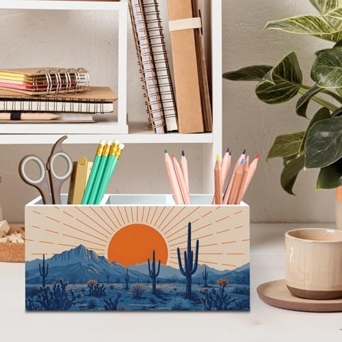 DILSJ Western Boho Pen Pencil Holder Organizer for Desk, Boho Office Decor, Abstract Sunshine Western Desert Cactus Landscape Wooden Box Signs for Home Office Desk Tabletop Decoration - Image 2