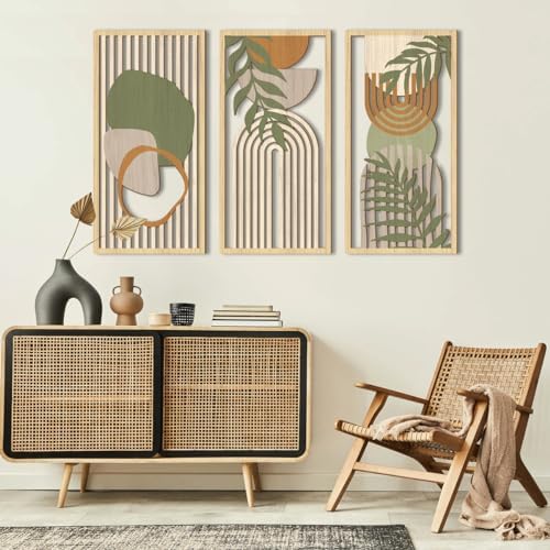 IARTTOP Boho Mid-Century Modern Wood Wall Art 16x32 Inch Large Green Abstract Wood Wall Decor Mid Century Bohemian Artwork for Bedroom Living Room Office Kitchen Set of 3 - Image 6