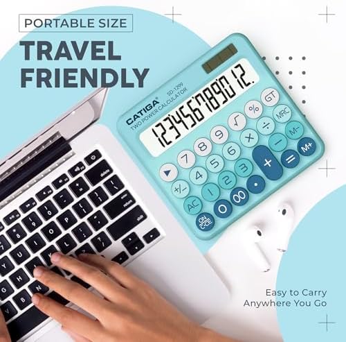 CATIGA Mechanical Switch Calculator with Solar and Battery Dual Power, 12-Digit Large LCD Display, Aesthetic and Cute Desktop Calculator with Big Button, for Home, School and Office Use, SD-1299 - Image 6