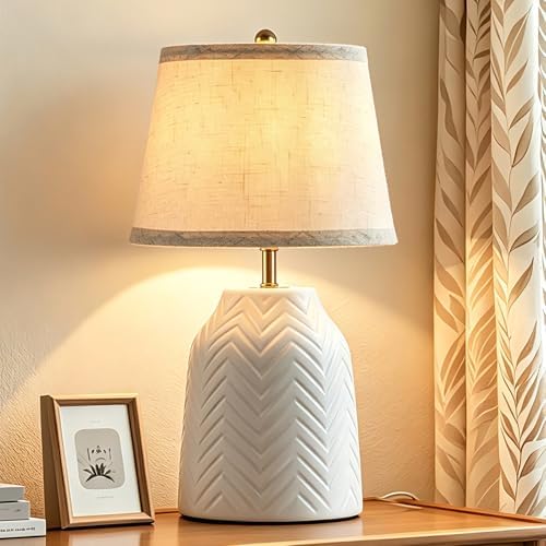 SOTTAE 14'' White Ceramic Table Lamp with Linen Fabric Shade, Leaf Patterned Ceramic Desk Lamp, Mid Century Modern Bedside Nightstand Lamp for Bedroom Living Room Reading Room by SOTTAE