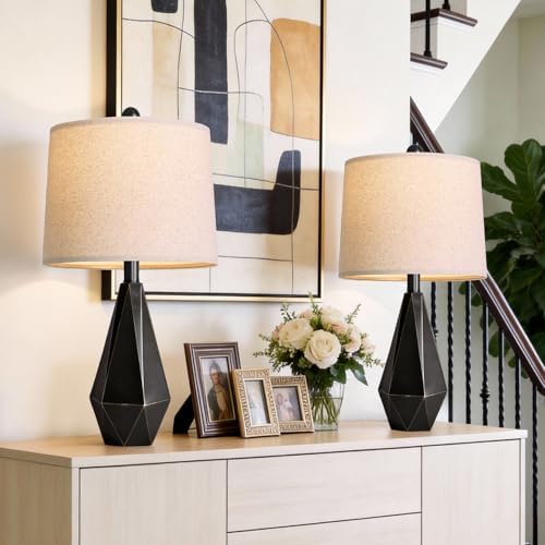 PoKat Table Lamps Set of 2 for Bedroom, 23.5'' High Farmhouse Nightstand Lamps for Living Room, Modern Bedside Lamps with Linen Shade for Office Sideboard Hallway Gift (Matte Black) by Pokat