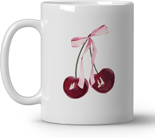 Pink Bow Cherry Coffee Mugs, Cute Preppy Pink Ceramic Coffee Mug Gifts for Women Teen Girls, Coquette Girly Coffee Cup, 11oz Ceramic Cup White
