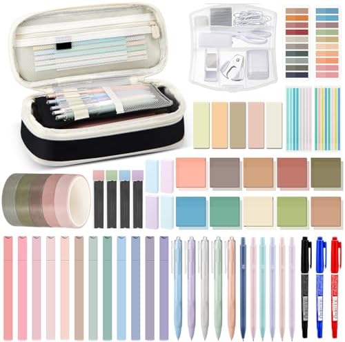 Sinload 60 Pcs Aesthetic Book Annotation Kit School Supplies Cute Pencil Case Mini Stapler Set 12 Highlighter 5 Gel Pen 6 Pencil 5 Magnetic Bookmark 1220 Sticky Note Student Stationary(Black) by Sinload