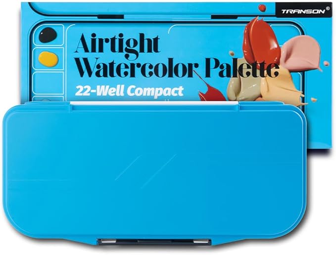 Transon Watercolor Palette Folding with Lid 18wells 2 Mixing Areas and 1 Large Mixing Tray Also for Gouache Acrylic Paint Palette Blue Color