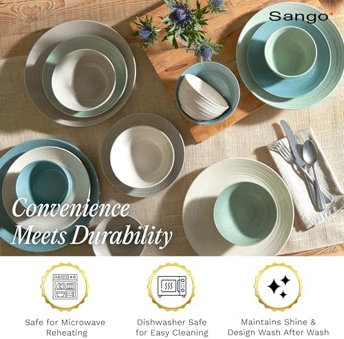 Sango Siterra Artist's Blend 16-Piece Stoneware Dinnerware Set for 4, Green, Cream & White Glossy Dishes with Speckles, Ceramic Plates and Bowls Sets for Everyday Dining, Microwave & Dishwasher Safe - Image 4