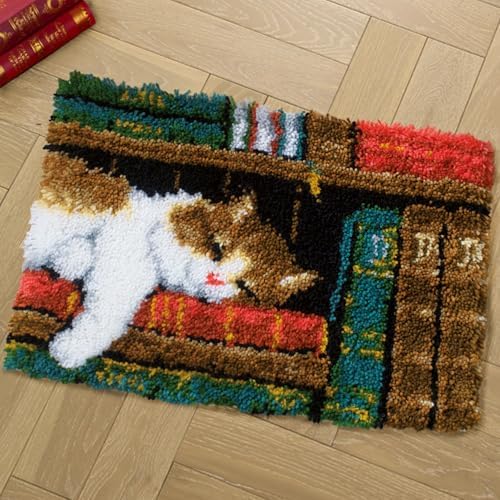 Howie's Latch Hook Kits for Adults, DIY Cat-Book Latch Hook Kit Rug Crochet Yarn, Color Preprinted Pattern Embroidery Decoration(Cat-Book, 19.69 x 14.96 inch) by HowiesNeedlepoint
