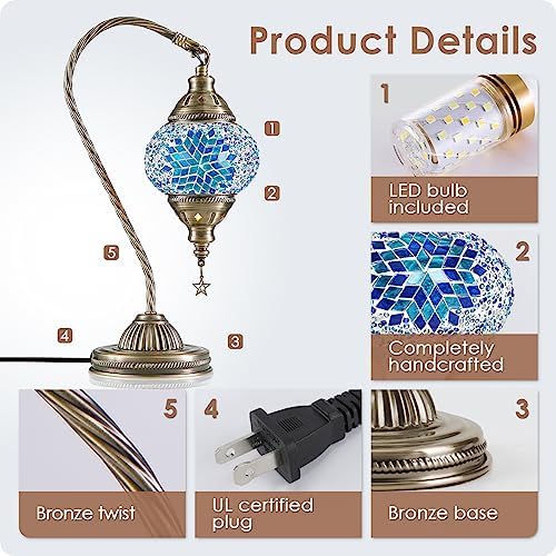 Yarra-Decor Turkish Moroccan Lamp with Bronze Base 3 Color Options Handmade Swan Neck Mosaic Glass Bedside Lamps for Bedroom (LED Bulb Included)(Blue2) - Image 5
