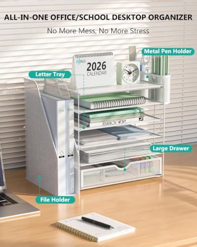WALI Desk File Organizer, 6 Tier Desktop Paper Letter Tray Organizer with Drawer and 2 Pen Holders, Office Desk Accessories & Workspace Organizers for Office, Home Supplies(DO007DH-W), 1 Pack, White - Image 3